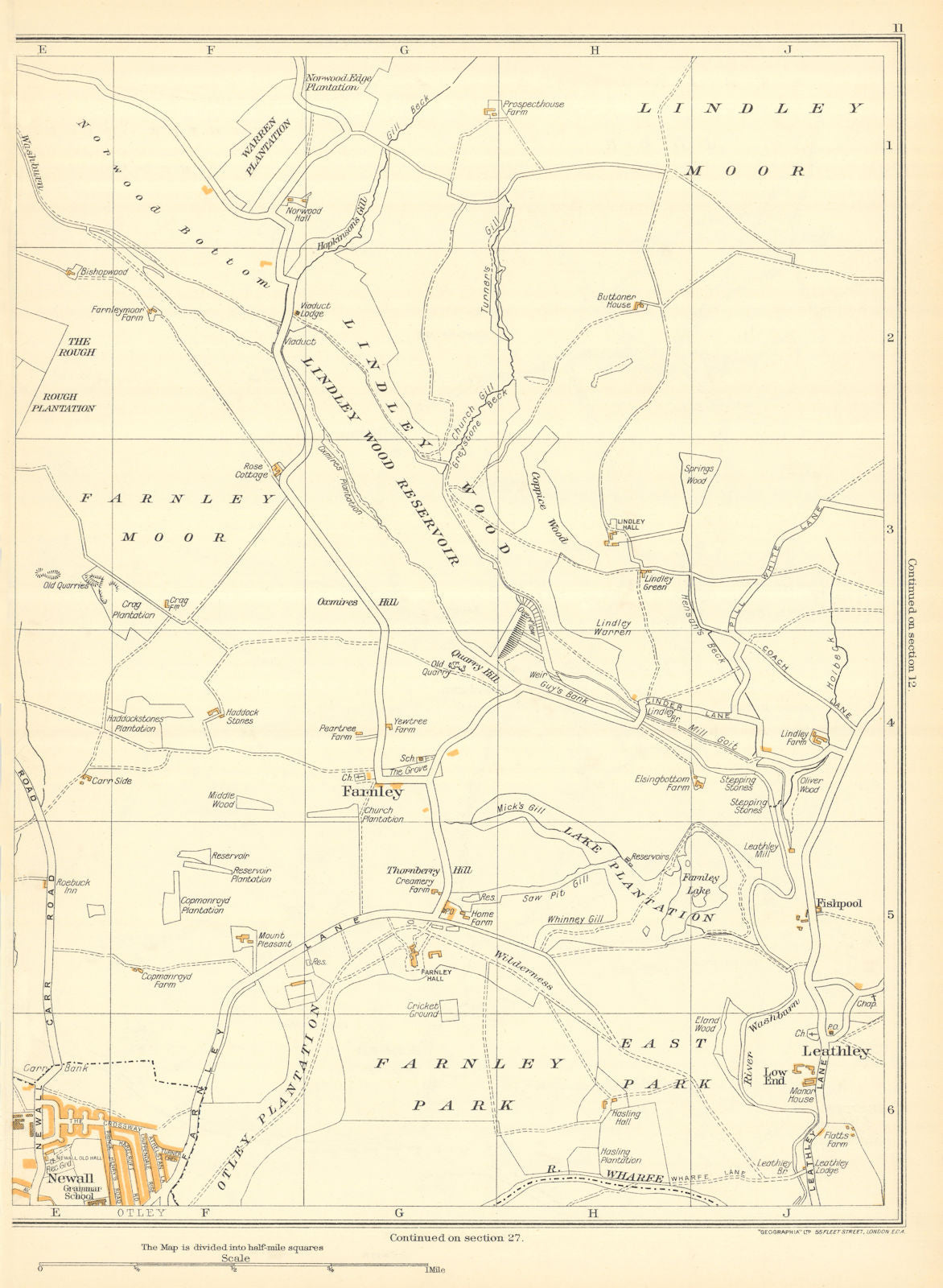 YORKSHIRE Lindley Moor Wood Farnley Leathley Springs Otley Newall 1935 old map